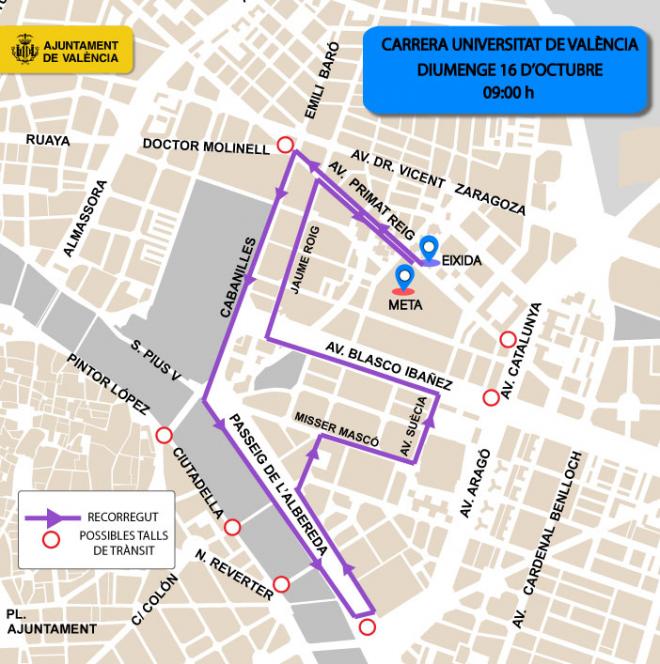 Cortes de tráfico el próximo domingo por la Carrera Universitat de València
