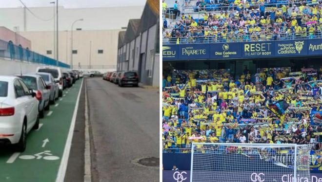 A la izquierda, coches aparcados en el Carril Bici; a la derecha, la afición del Cádiz.