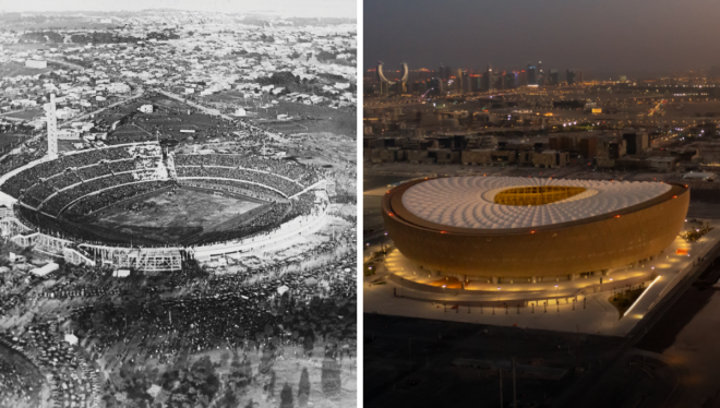 El estadio Centenario de Uruguay 1930 y el Lusail de Qatar 2022.