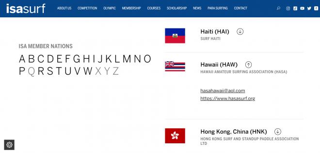 La web de la ISA confirma que reconoce a Hawaii como nación miembro (www.isasurf.org)