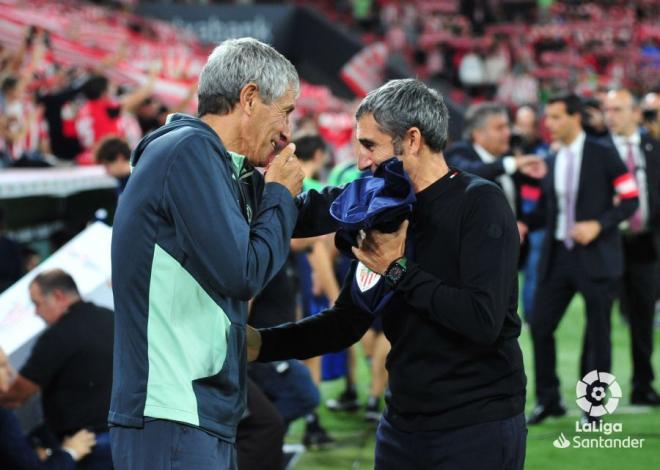 Quique Setién y Ernesto Valverde, antes del partido ante el Villarreal en San Mamés (Foto: LaLiga