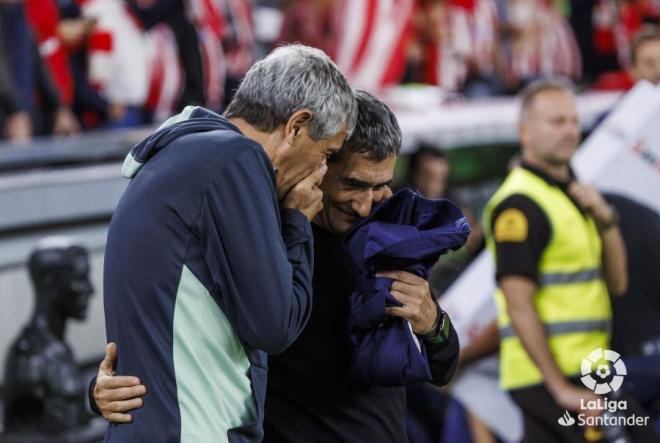 Quique Setién y Ernesto Valverde, antes del partido ante el Villarreal en San Mamés (Foto: LaLiga