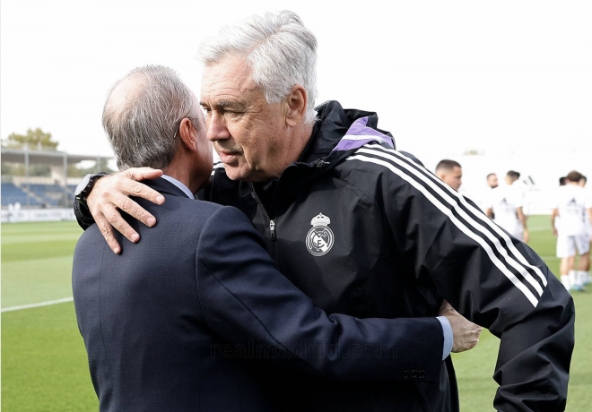 Florentino Pérez abraza a Carlo Ancelotti (Foto: Real Madrid).