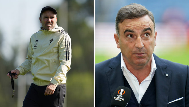 A la izqueirda, Eduardo Coudet; a la derecha, Carlos Carvalhal.