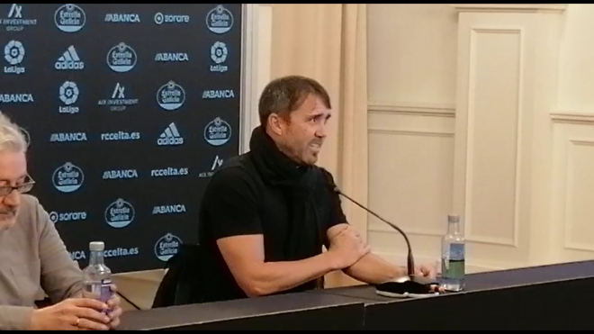 Coudet, en su rueda de prensa de despedida como técnico del Celta.