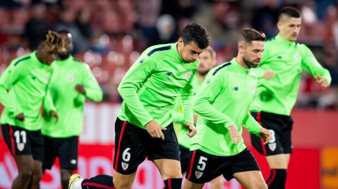 Calentamiento del equipo de Ernesto Valverde ante el Girona FC en Montilivi (Foto: LaLiga).