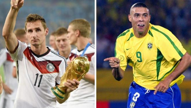 Miroslav Klose y Ronaldo, los dos máximos goleadores en la historia de los Mundiales.