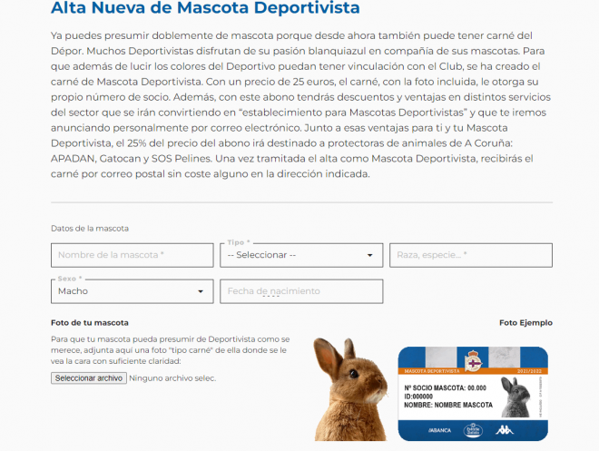 Así son las bases en la web para hacer el carnet de socio del Deportivo a tu mascota