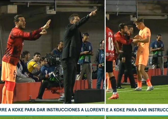 Simeone y Koke, dando indicaciones a Llorente.