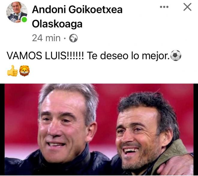 Andoni Goikoetxea ha querido enviar su apoyo a Luis Enrique antes del debut en el Mundial de Qatar.