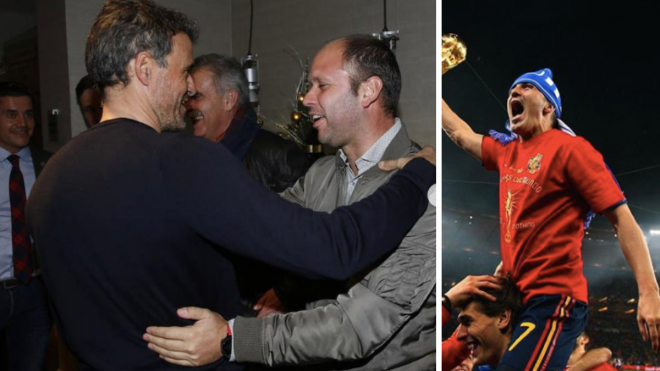 José Alberto junto a Luis Enrique en un acto y David Villa celebra el Mundial con la selección.