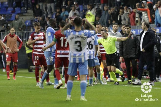 Gálvez Rascón, en el momento de anular el penalti señalado en favor del Málaga (Foto: LaLiga).