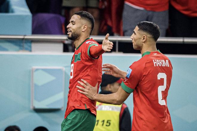 En-Nesyri, jugador del Sevilla, celebra un gol con Marruecos en el Mundial (Foto: Cordon Press).