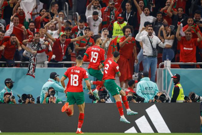 Celebración de Marruecos tras el gol de En-Nesyri a Portugal (Foto: Cordon Press).
