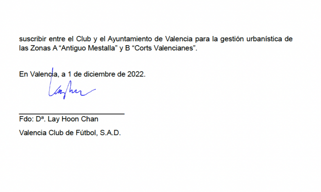 Carta del Valencia CF firmada por Layhoon por el Nou Mestalla