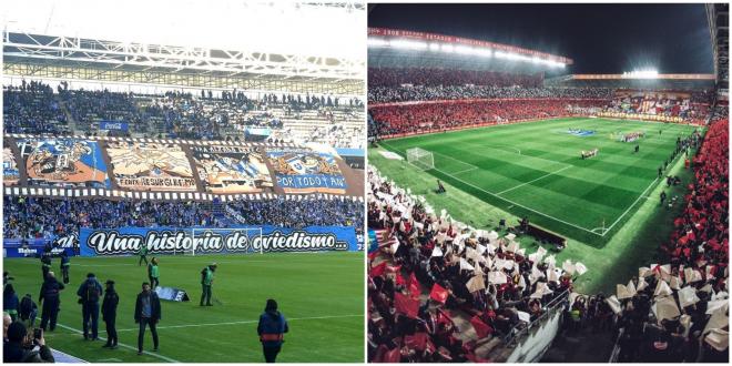 Imágenes de tifos del derbi asturiano. (Fotos: Sporting de Gijón y Real Oviedo)