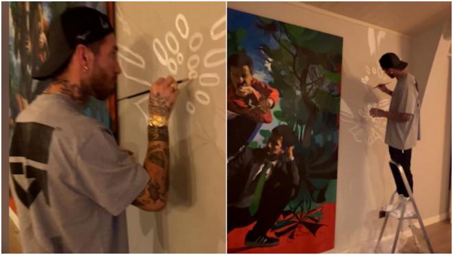 Sergio Ramos, sobre una escalera y pintando la pared. (Ig: @sergioramos)