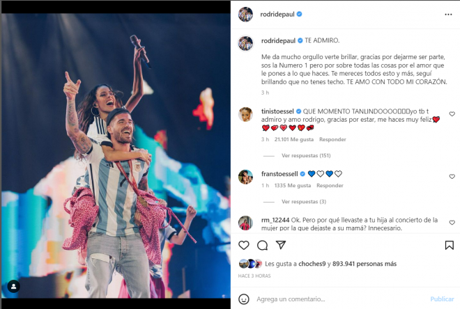 El post de Rodrigo de Paul en Instagram tras el concierto de Tini.