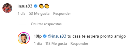 Respuesta de Lucas Pérez a Pablo Insua en Instagram.