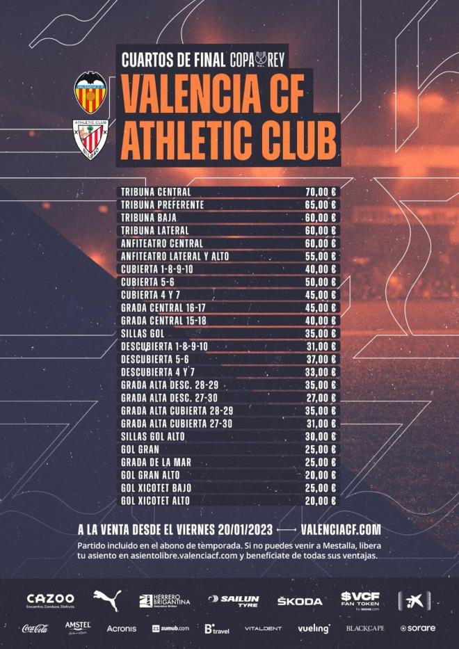 Los precios para el Valencia CF - Athletic Club