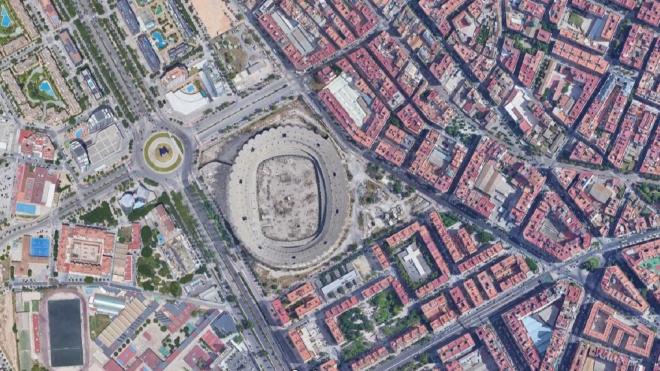 Vista aérea de las obras del Nou Mestalla y el ámbito urbanístico de Benicalap