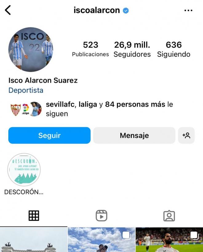 Perfil de Instagram de Isco Alarcón, con foto del Málaga (Foto: @iscoalarcon).