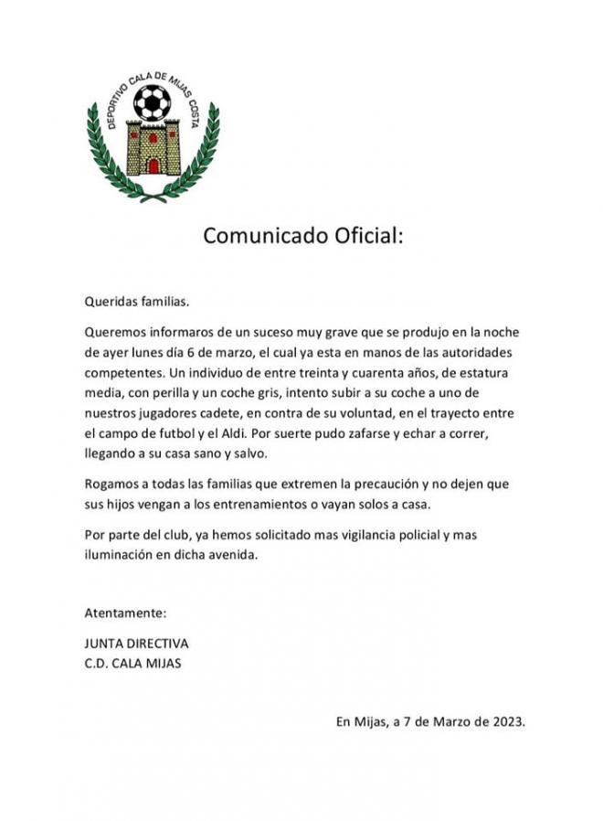 Comunicado del club tras el secuestro (Foto: Cala de Mijas).