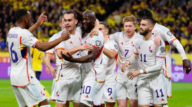La selección belga celebra un gol en el Bélgica-Suecia. Fuente: rbfa.be