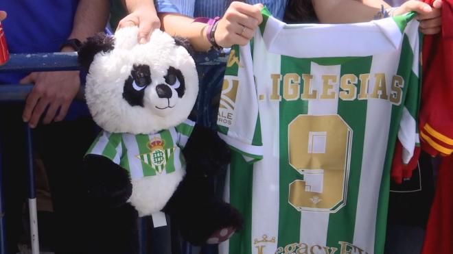 Los aficionados han recibido al jugador con camisetas de Borja Iglesias y peluches de pandas.