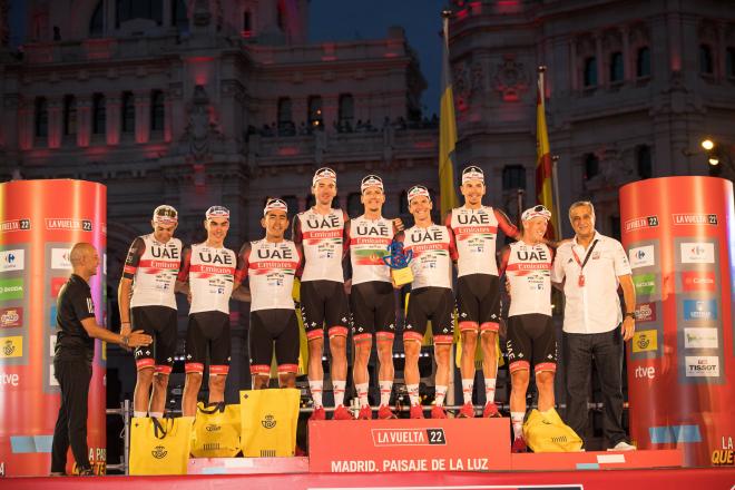Team UAE en el podium de La Vuelta a España (Fto:Cordon Press).