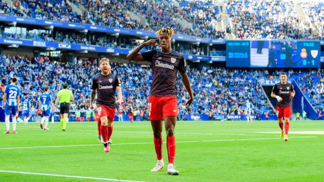 Nico Williams celebra su gol al RCD Espanyol en Cornellá; el JR está listo para la visita a los pericos de este domingo (Foto: Athletic Club).