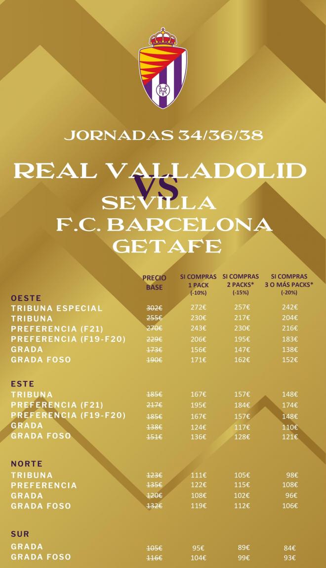 Precios de los packs para las últimas tres jornadas (Foto: Real Valladolid).