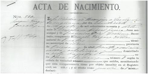 Acta de nacimiento de Joaquín Vázquez en el registro civil de Badajoz (Imagen: Fernando Arrechea / Cuadernos de Fútbol)
