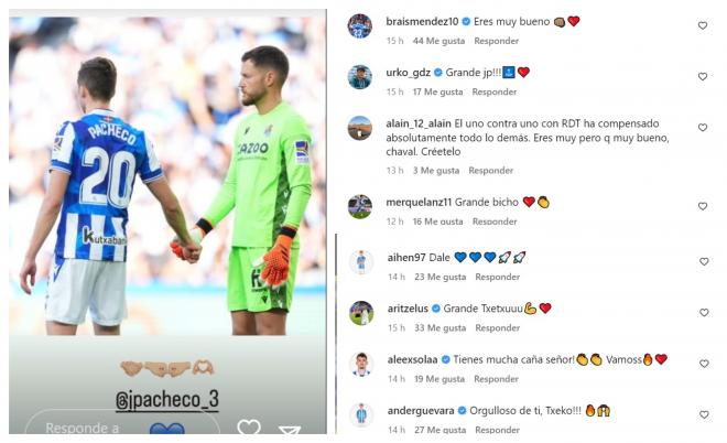 Mensajes de ánimo de la plantilla de la Real Sociedad a Jon Pacheco en su cuenta de Instagram.