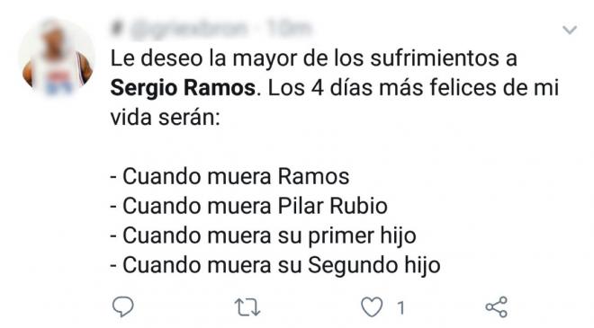 Una de las amenazas recibidas por Sergio Ramos. (Twitter)