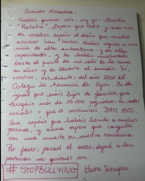La carta de despedida de Claudia antes de suicidarse.