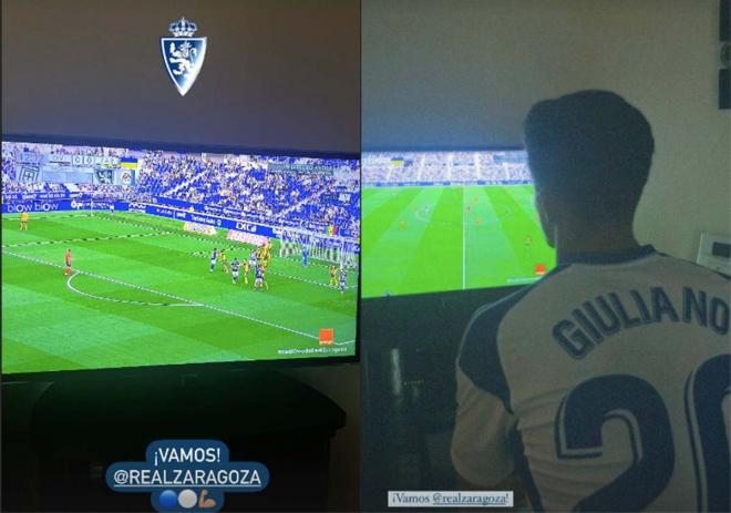 Simeone siguiendo el partido del Real Oviedo ante el Real Zaragoza (Foto: Redes).