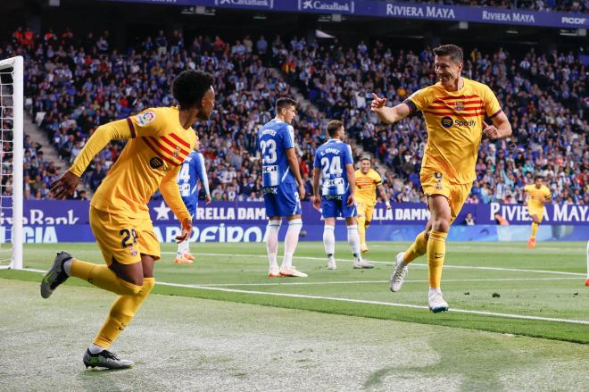 El Barça celebrando un gol en casa del Espanyol.