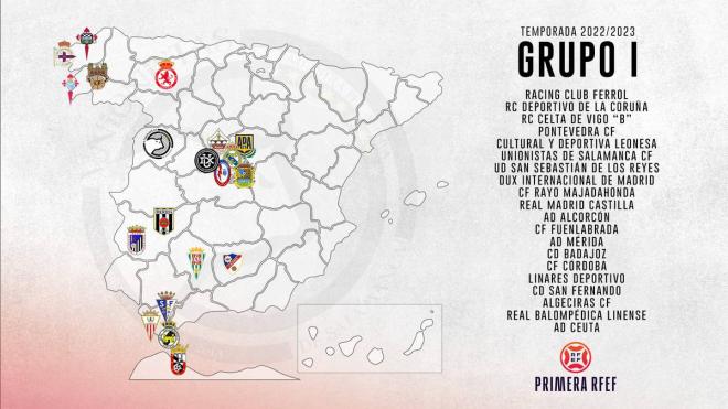 Mapa de equipos del grupo I de la Primera RFEF 2022/23, donde habría entrado el Málaga.