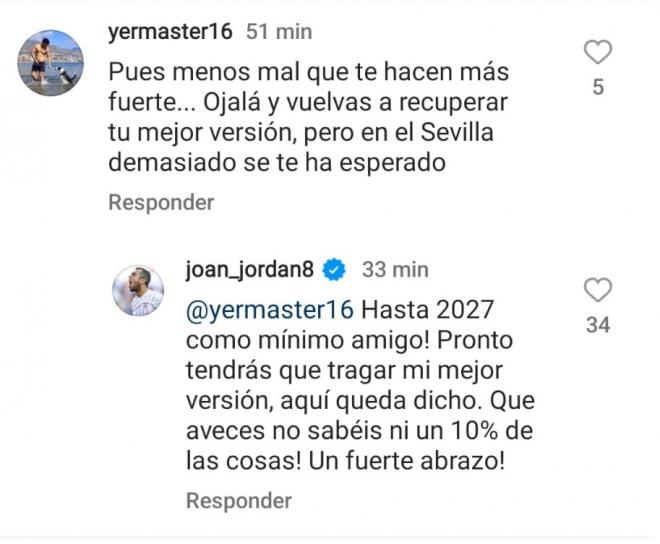 La respuesta de Joan Jordán a un aficionado en Instagram,