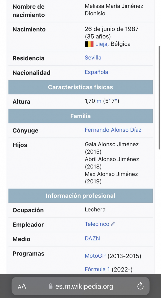 Fernando Alonso aparece como el cónyuge de Melissa Jiménez en la Wikipedia.