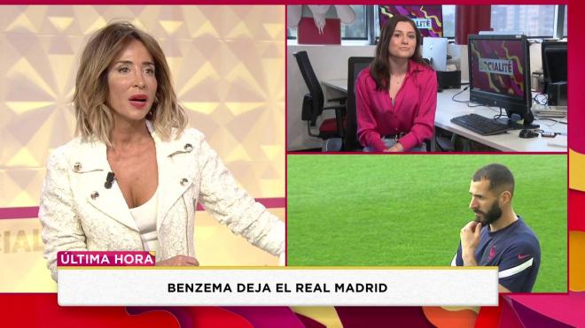 María Patiño en el momento que dan la noticia del adiós de Benzema del Madrid