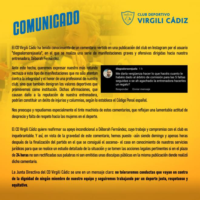 Comunicado oficial. (Foto: Cádiz CF Virgili)