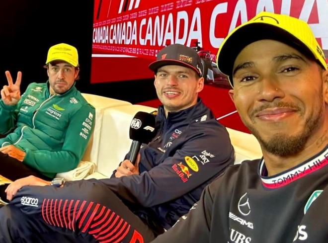 Selfie de Lewis Hamilton con Fernando Alonso y Max Verstappen en el GP de Canadá (Foto: @lewishamilton).