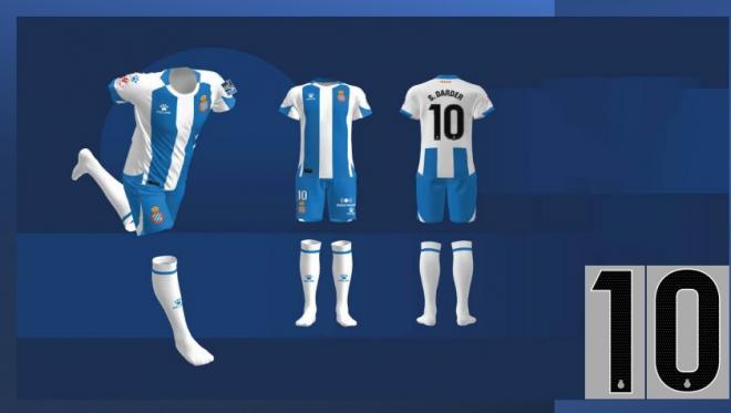 La primera equipación del Espanyol, con Sergi Darder (Foto: Espanyol)