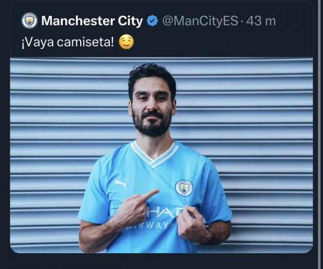 El Manchester City publicó la nueva camiseta con Ilkan Gundogan. Fuente: Twitter