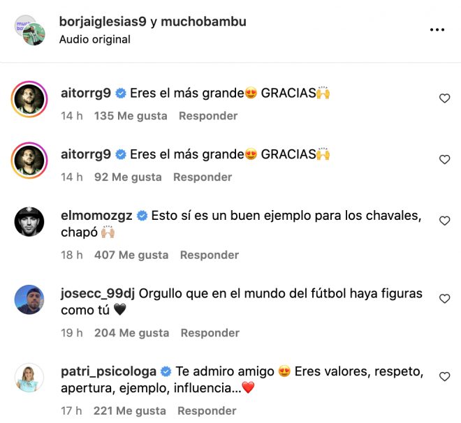 Los mensajes de agradecimiento a Borja Iglesias. (Instagram)