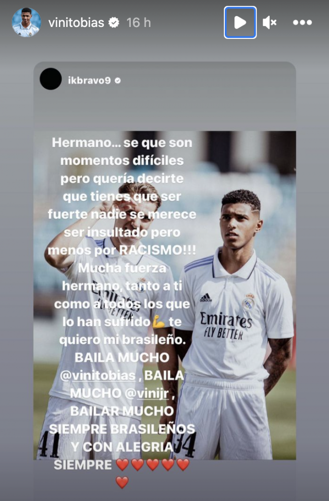 Mensaje de apoyo de Iker Bravo a Vinicius Tobias (Foto Instagram).