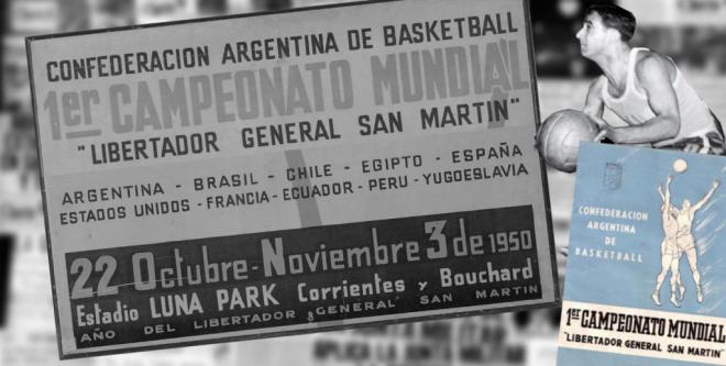 Cartel anunciador del Mundial de Baloncesto de Argentina 1950 (Foto: Doblesytriples.com).