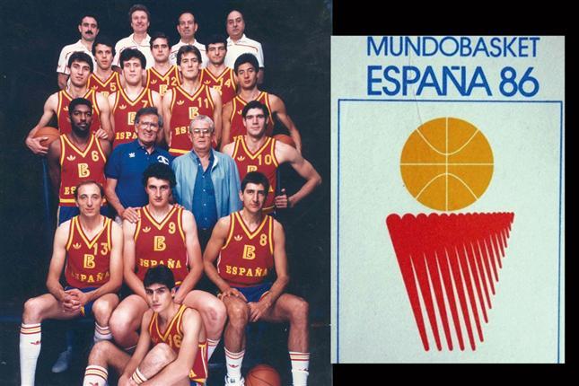 La selección española de baloncesto y el cartel del Mundial de España 1986 (Foto: FEB).